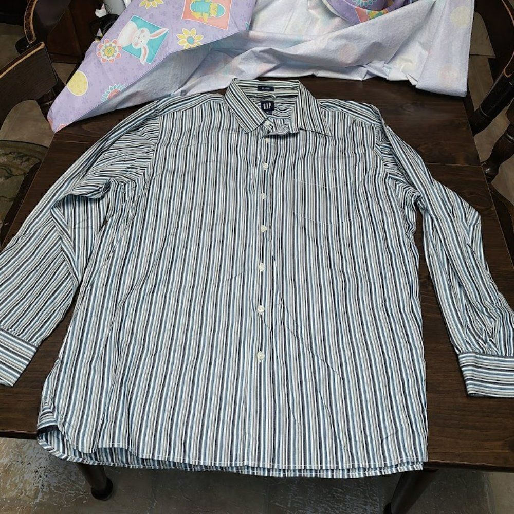 New Gap Classic Blue Gray Striped Button Down Long Sleeve Shirt Size Men's XL